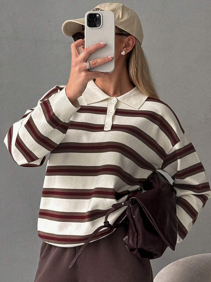 Women's Striped Polo Collar Jumper with Button Placket