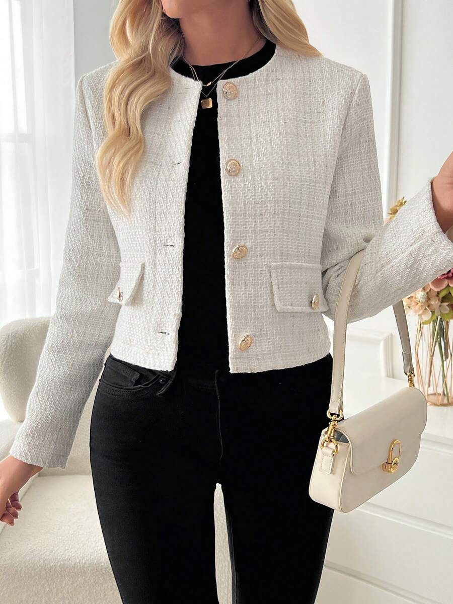Women's Tweed Button Front Cropped Jacket