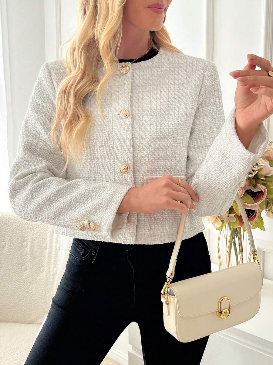 Women's Tweed Button Front Cropped Jacket