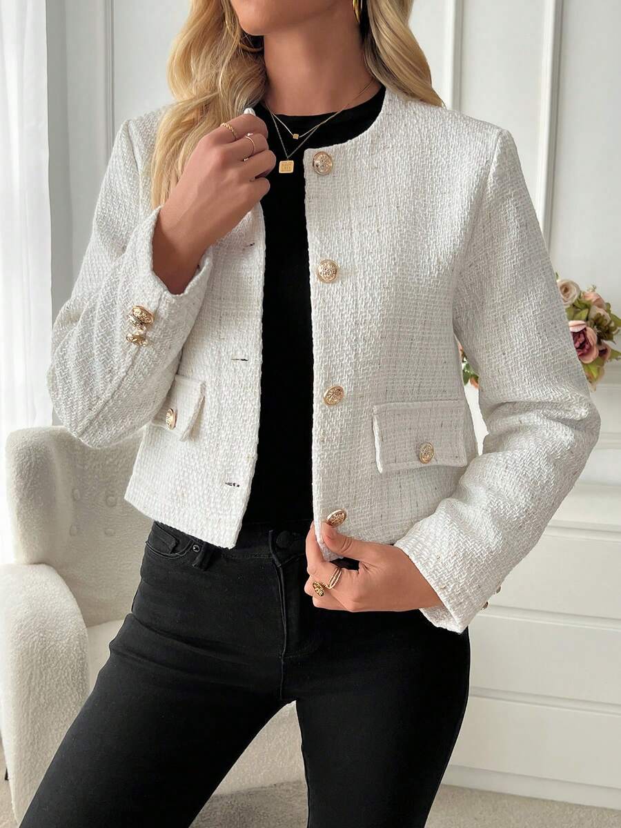 Women's Tweed Button Front Cropped Jacket
