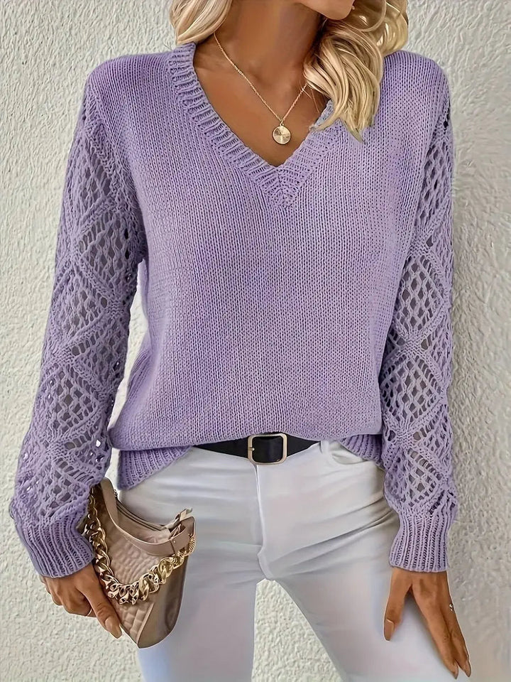 Women's V-Neck Hollow Sleeve Knit Sweater Jumper