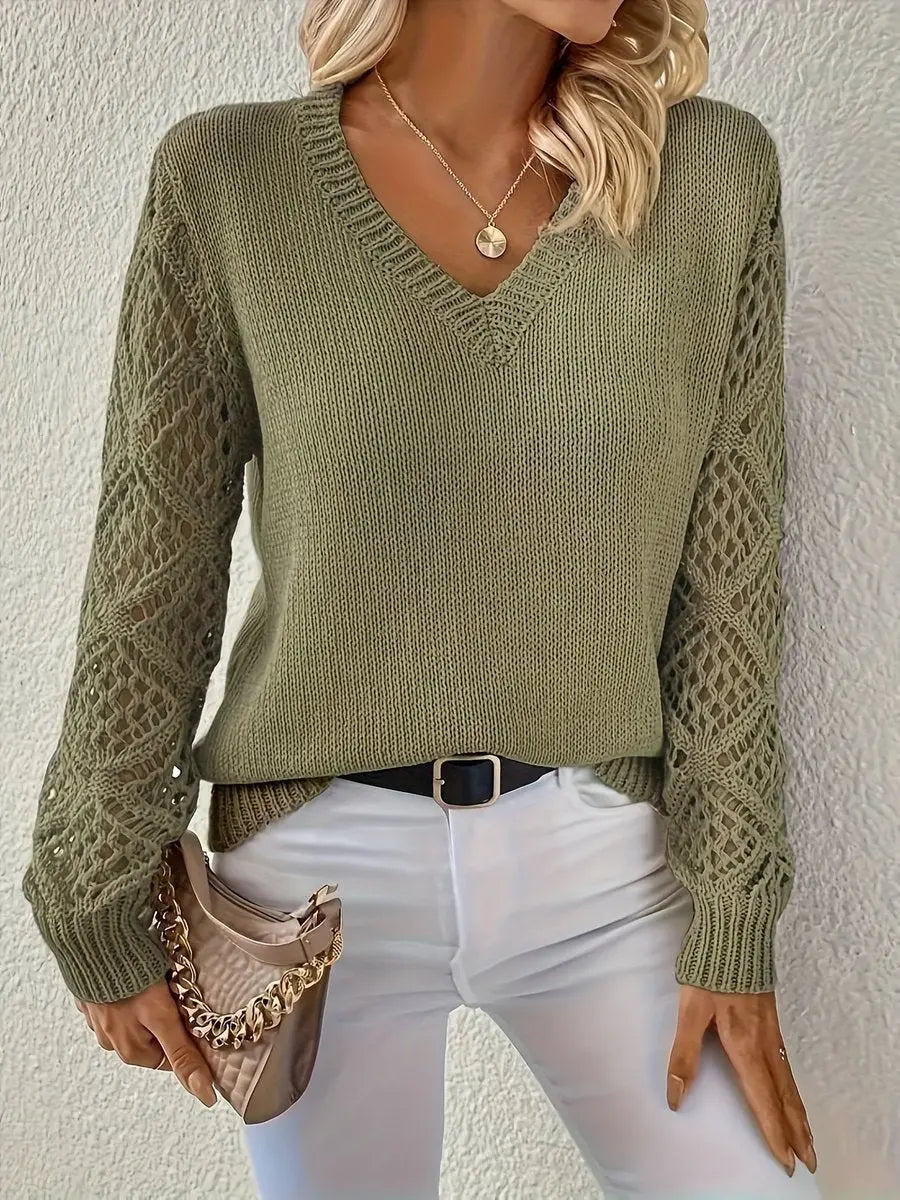 Women's V-Neck Hollow Sleeve Knit Sweater Jumper