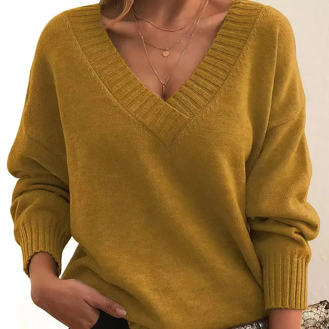 Women's V-Neck Long Sleeve Knit Pullover Sweater