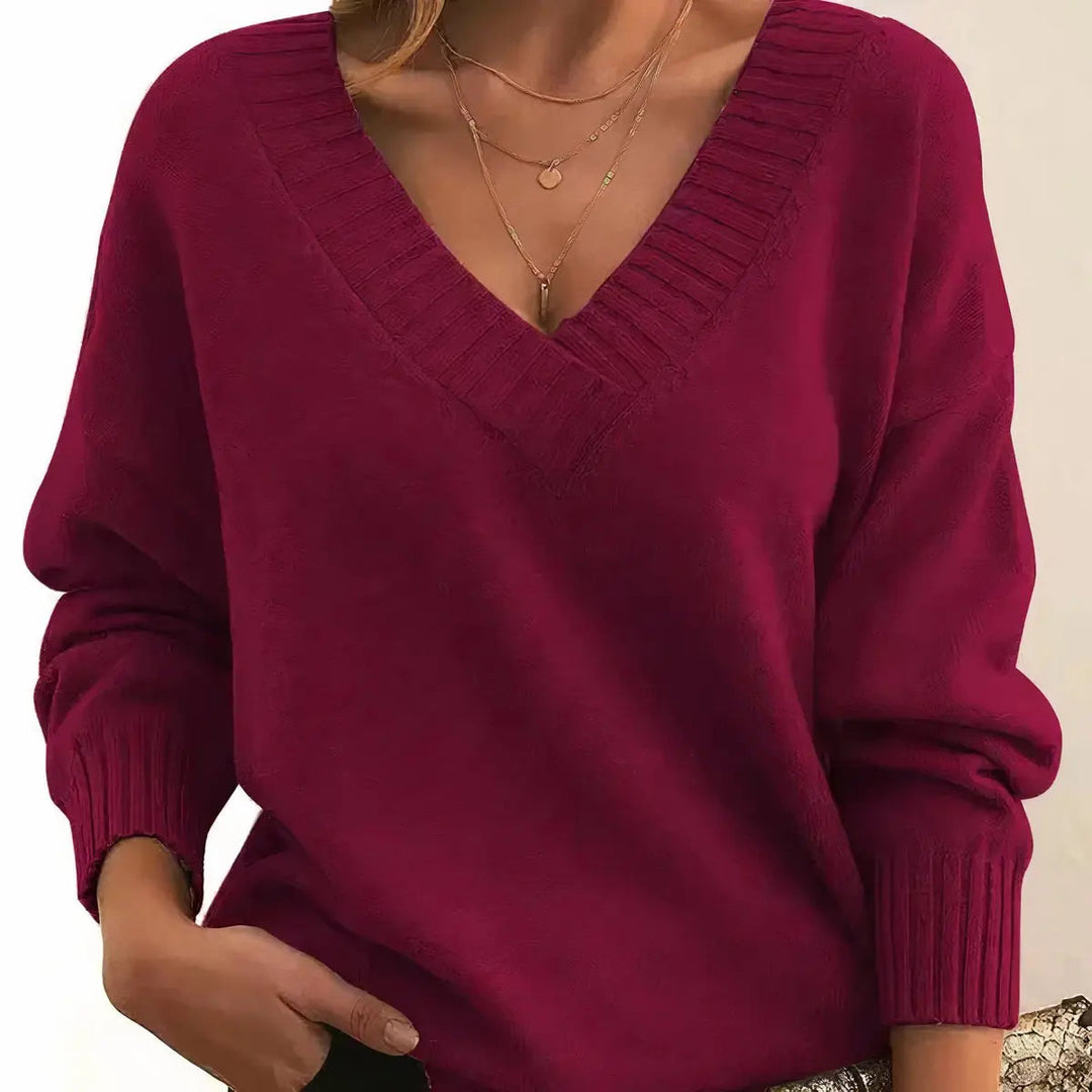 Women's V-Neck Long Sleeve Knit Pullover Sweater