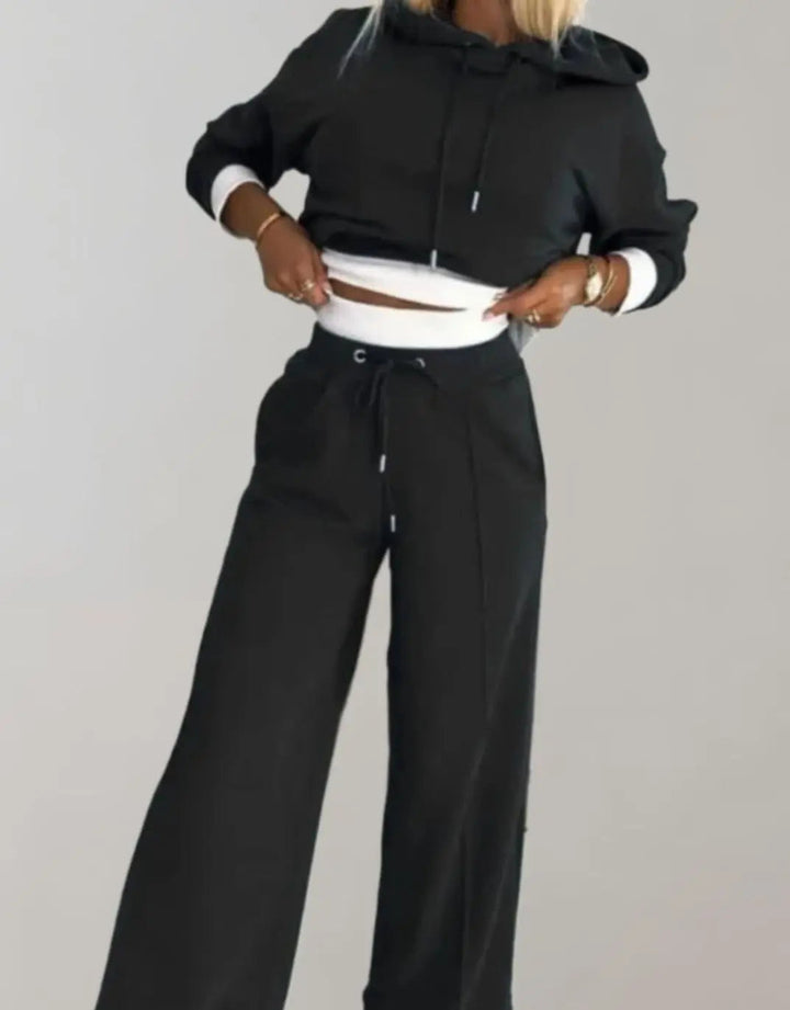 Women's Wide-Leg Drawstring Tracksuit Pants Cropped Hoodie Set