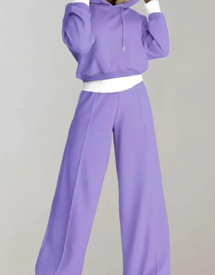 Women's Wide-Leg Drawstring Tracksuit Pants Cropped Hoodie Set