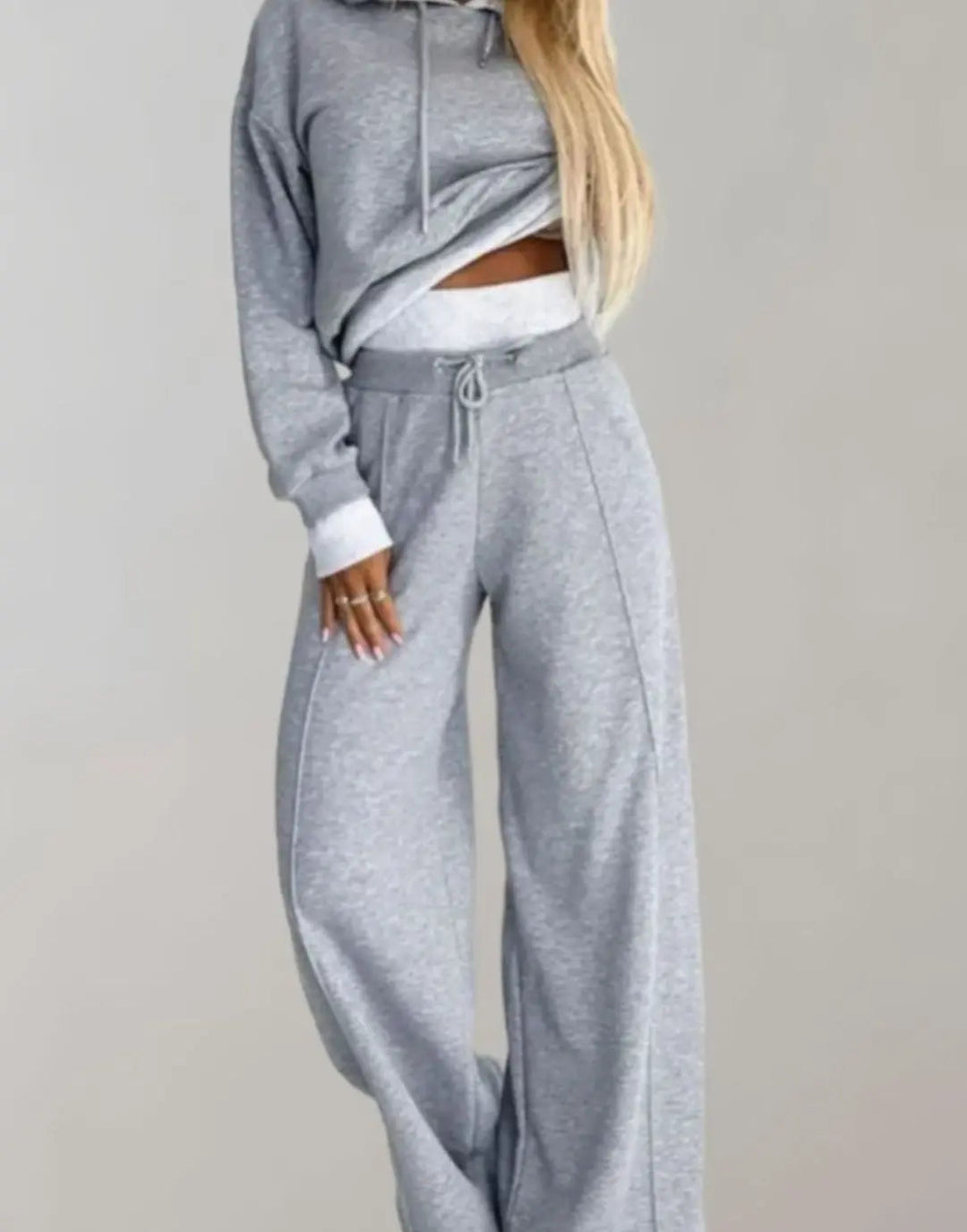 Women's Wide-Leg Drawstring Tracksuit Pants Cropped Hoodie Set