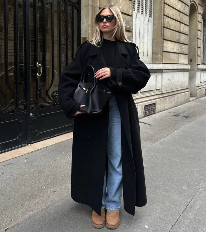 Women's Winter Coat Double-Breasted Belted Long Wool-Look Trench