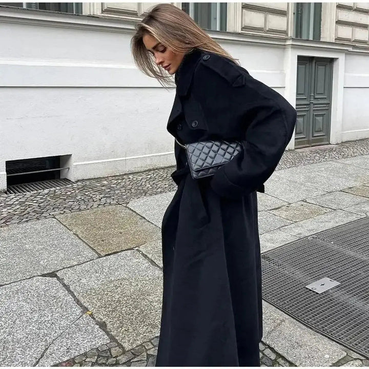 Women's Winter Coat Double-Breasted Belted Long Wool-Look Trench