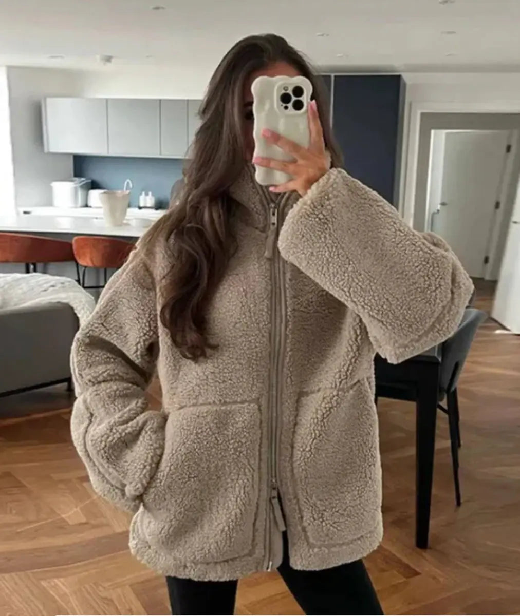 Women's Relaxed Fit Teddy Fleece Zip-Up Coat