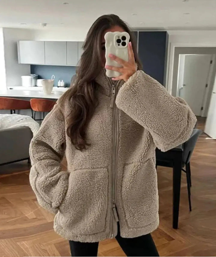 Women's Relaxed Fit Teddy Fleece Zip-Up Coat