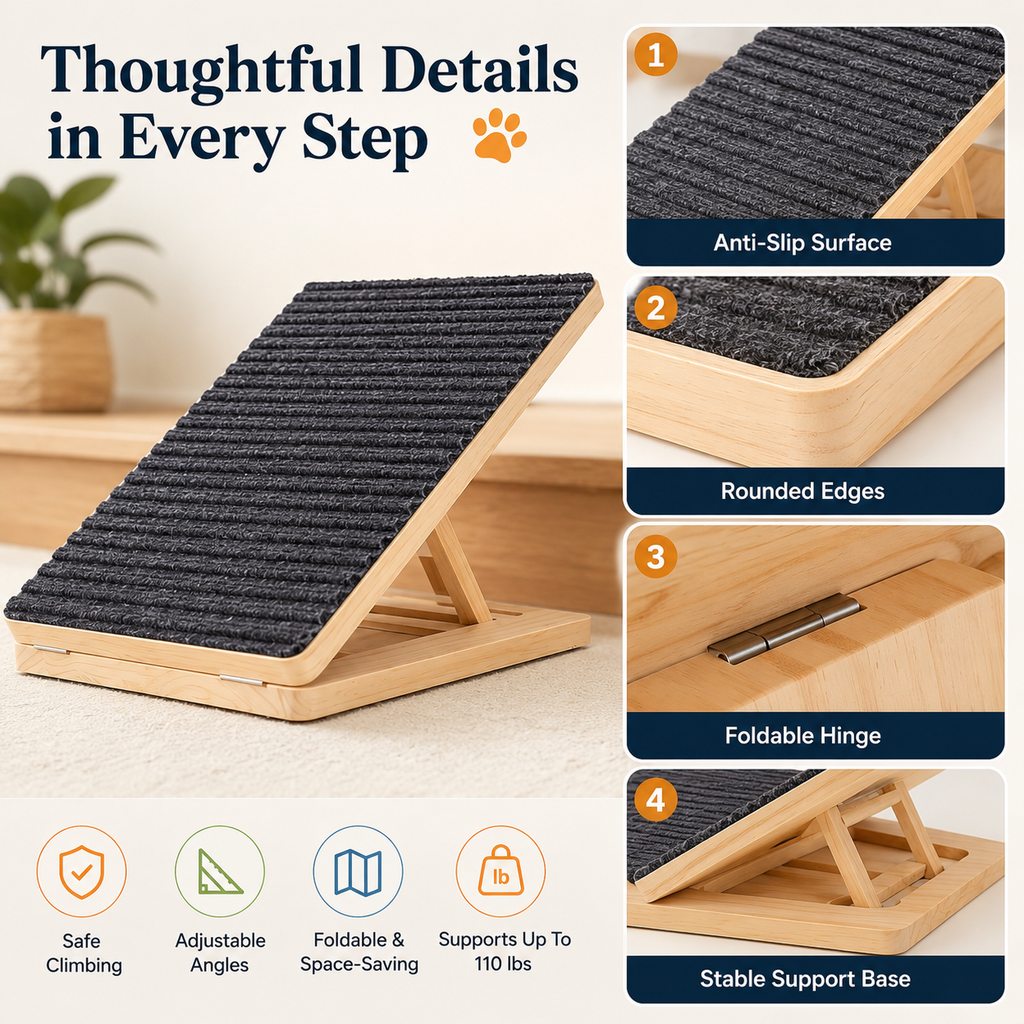 Foldable Wooden Dog Stairs for Small Dogs | Non-Slip Pet Ramp for Sofa, Bed & Indoor Steps